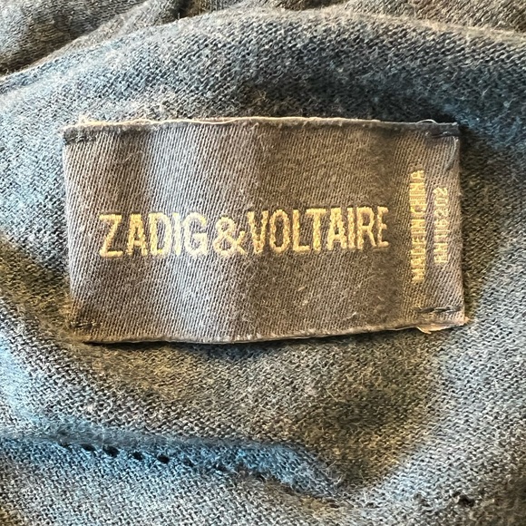 Zadig & Voltaire Teal Blue Fine Knit Henley Sweater with Skull Bak Design - Picture 5 of 6